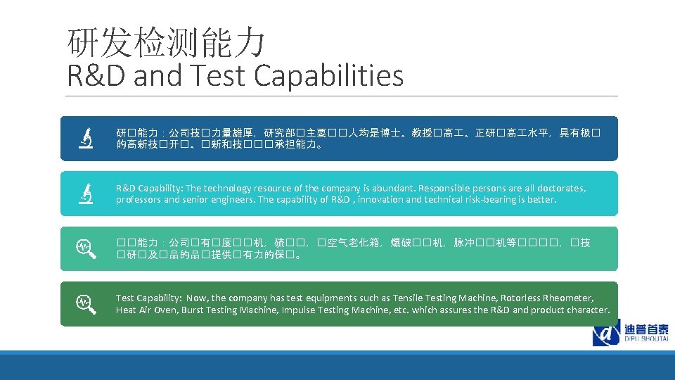 研发检测能力 R&D and Test Capabilities 研�能力：公司技�力量雄厚，研究部�主要��人均是博士、教授�高 、正研�高 水平，具有极� 的高新技�开�、�新和技���承担能力。 R&D Capability: The technology resource