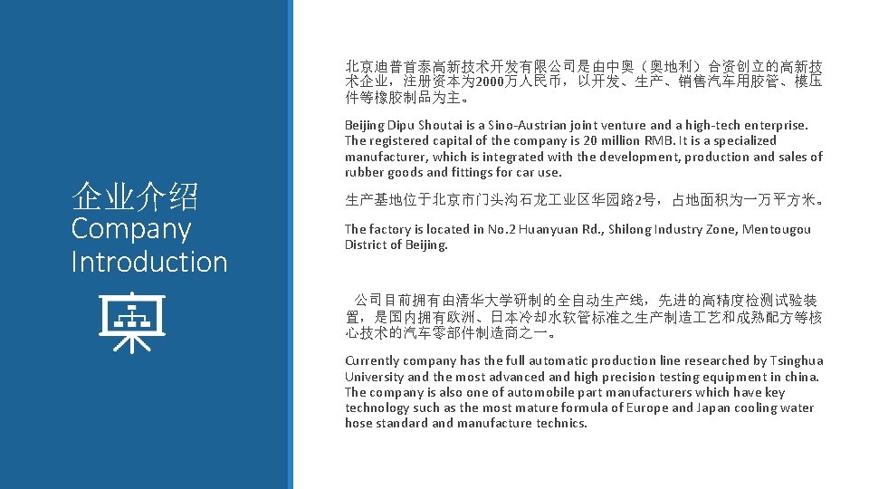 北京迪普首泰高新技术开发有限公司是由中奥（奥地利）合资创立的高新技 术企业，注册资本为 2000万人民币，以开发、生产、销售汽车用胶管、模压 件等橡胶制品为主。 企业介绍 Company Introduction Beijing Dipu Shoutai is a Sino-Austrian joint