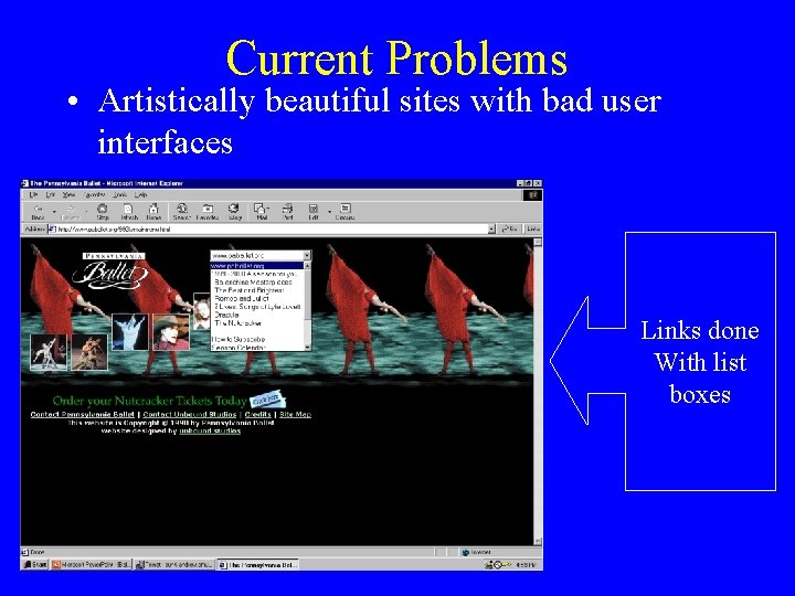 Current Problems • Artistically beautiful sites with bad user interfaces Links done With list