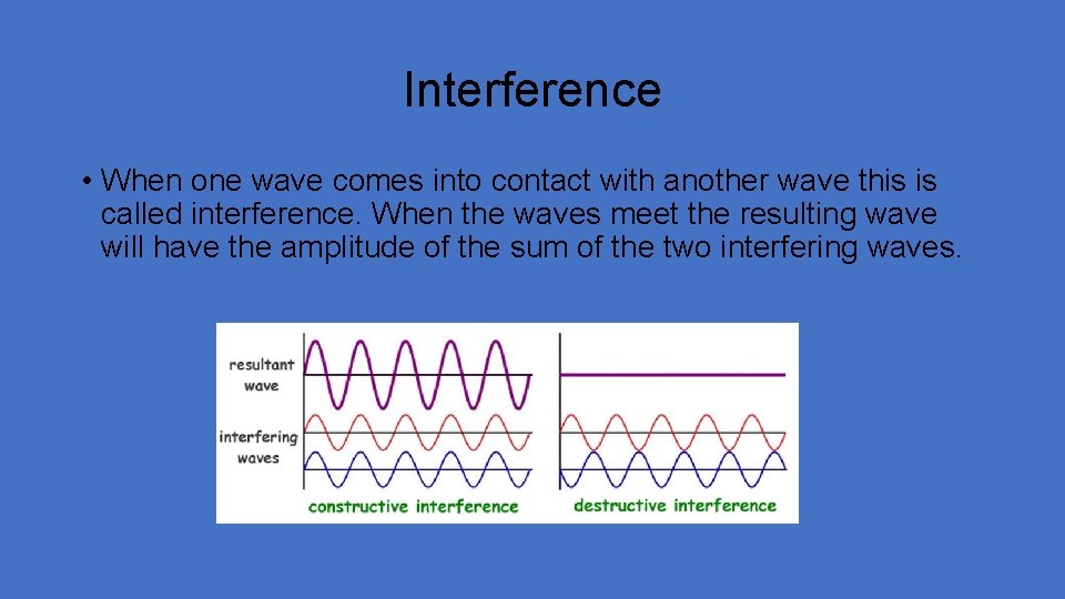 Interference • When one wave comes into contact with another wave this is called