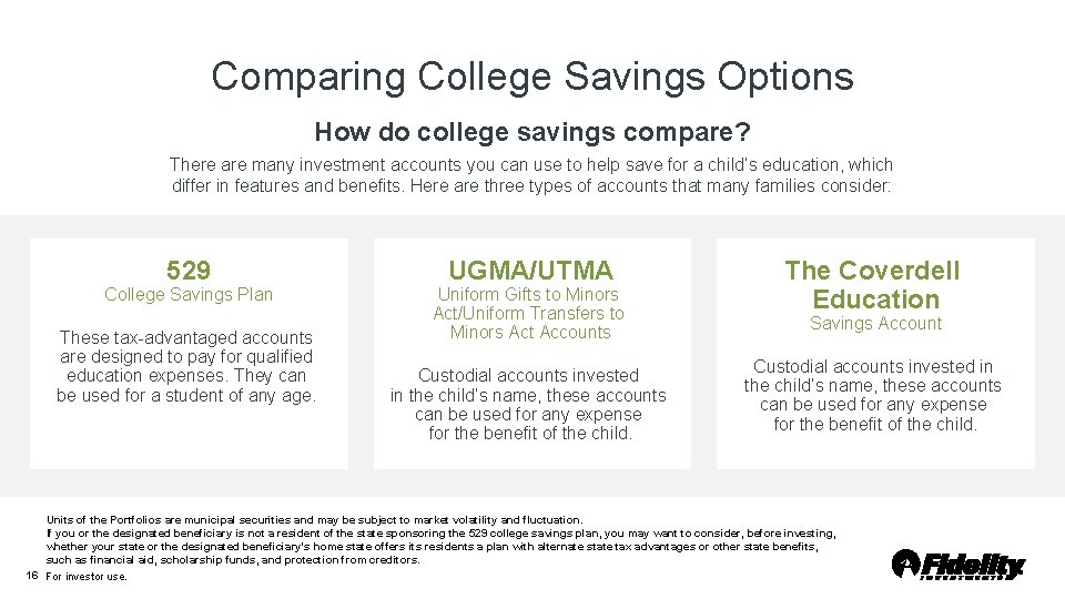 Comparing College Savings Options How do college savings compare? There are many investment accounts