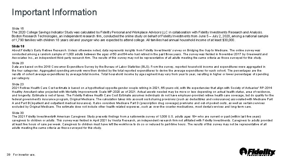 Important Information Slide 15 The 2020 College Savings Indicator Study was calculated by Fidelity