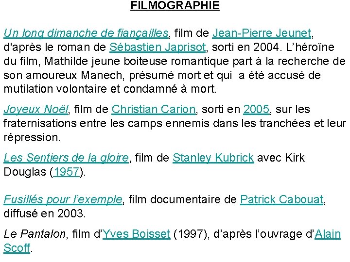 FILMOGRAPHIE Un long dimanche de fiançailles, film de Jean-Pierre Jeunet, d'après le roman de