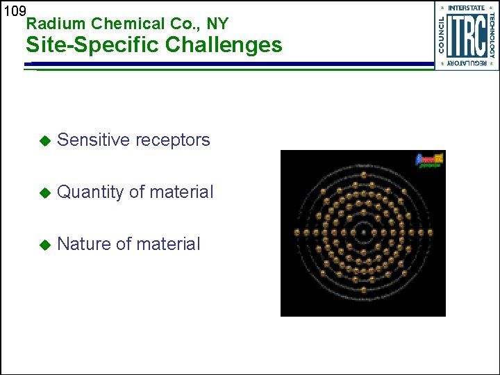 109 Radium Chemical Co. , NY Site-Specific Challenges u Sensitive receptors u Quantity of