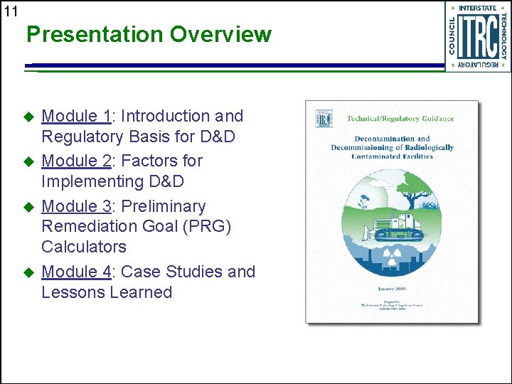 11 Presentation Overview u u Module 1: Introduction and Regulatory Basis for D&D Module