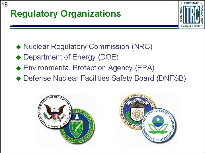 19 Regulatory Organizations Nuclear Regulatory Commission (NRC) u Department of Energy (DOE) u Environmental