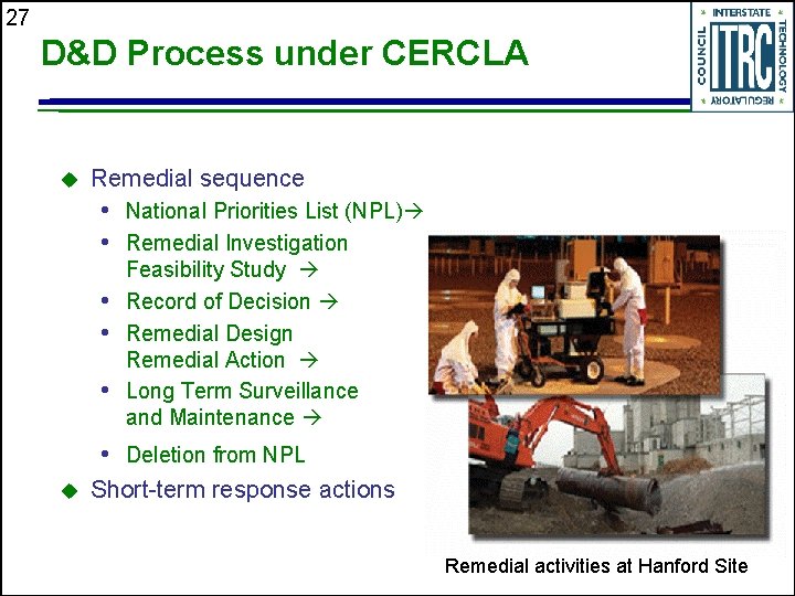 27 D&D Process under CERCLA u Remedial sequence • National Priorities List (NPL) •