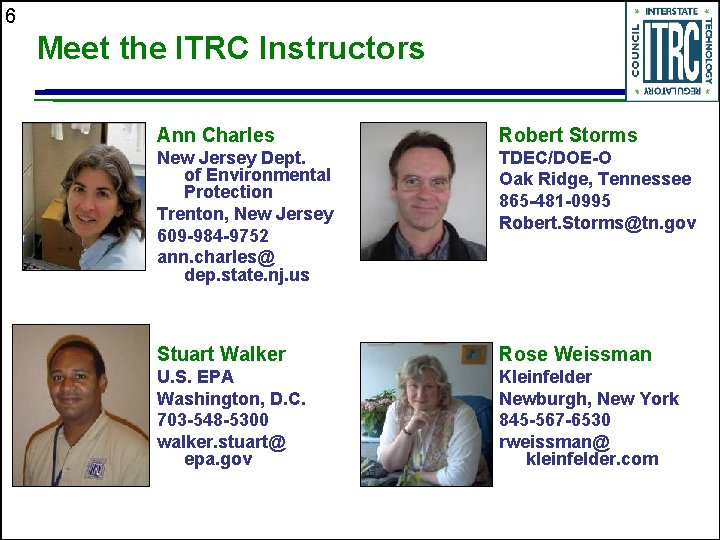 6 Meet the ITRC Instructors Ann Charles Robert Storms New Jersey Dept. of Environmental