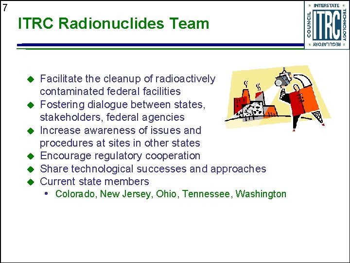 7 ITRC Radionuclides Team u u u Facilitate the cleanup of radioactively contaminated federal