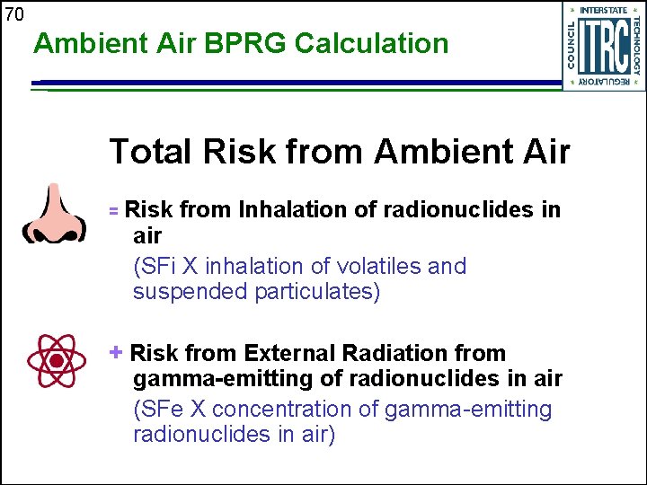 70 Ambient Air BPRG Calculation Total Risk from Ambient Air = Risk from Inhalation