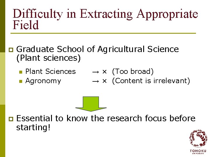 Difficulty in Extracting Appropriate Field p Graduate School of Agricultural Science (Plant sciences) n