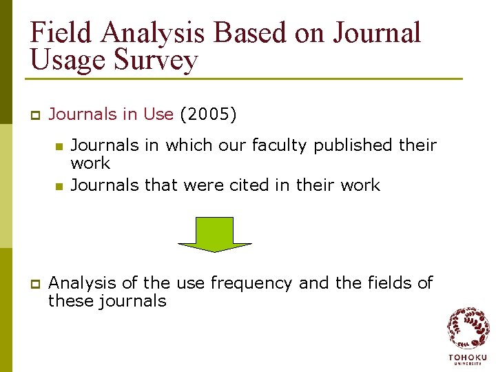 Field Analysis Based on Journal Usage Survey p Journals in Use (2005) n n