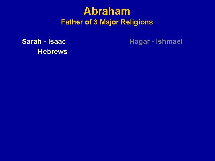 Abraham Father of 3 Major Religions Sarah - Isaac Hebrews Hagar - Ishmael Abraham Father of 3 Major Religions Sarah - Isaac Hebrews Hagar - Ishmael