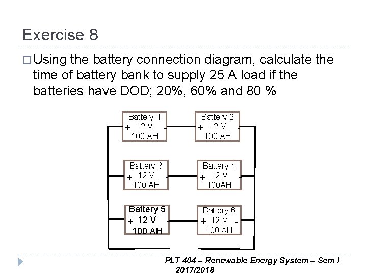 Exercise 8 � Using the battery connection diagram, calculate the time of battery bank