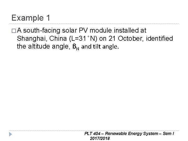 Example 1 �A south-facing solar PV module installed at Shanghai, China (L=31°N) on 21