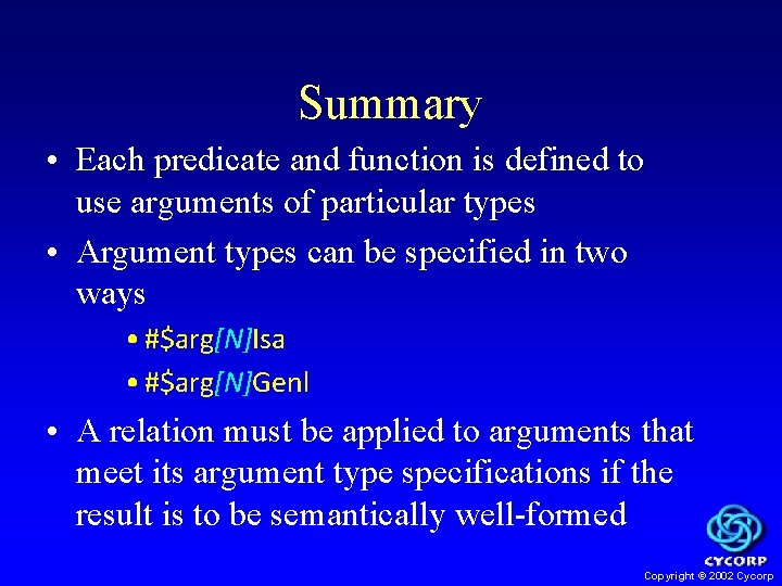 Summary • Each predicate and function is defined to use arguments of particular types