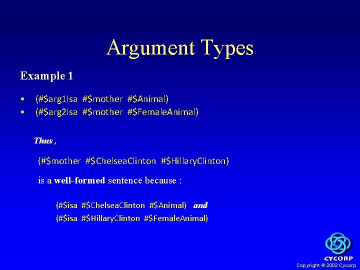 Argument Types Example 1 • • (#$arg 1 Isa #$mother #$Animal) (#$arg 2 Isa
