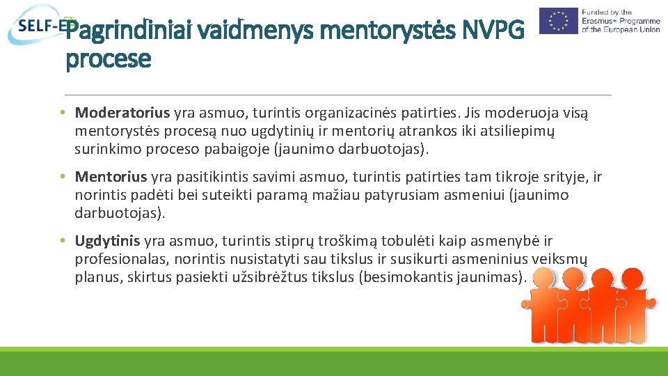 Pagrindiniai vaidmenys mentorystės NVPG procese • Moderatorius yra asmuo, turintis organizacinės patirties. Jis moderuoja