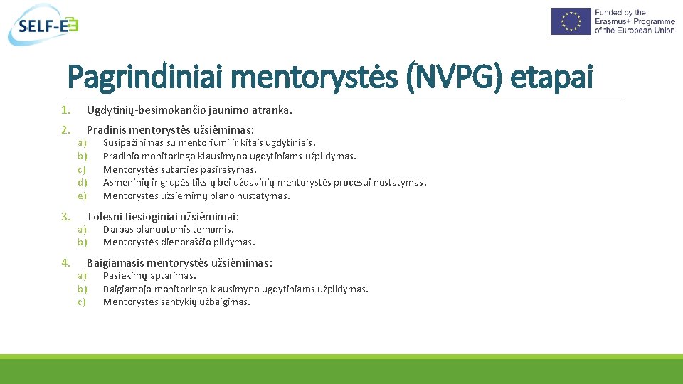 Pagrindiniai mentorystės (NVPG) etapai 1. Ugdytinių-besimokančio jaunimo atranka. 2. Pradinis mentorystės užsiėmimas: 3. 4.