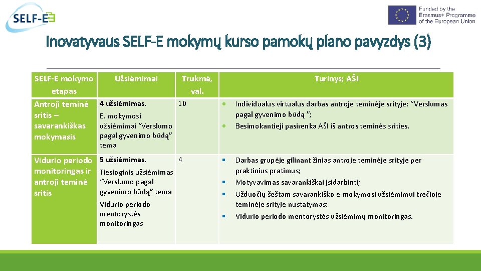 Inovatyvaus SELF-E mokymų kurso pamokų plano pavyzdys (3) SELF-E mokymo etapas Antroji teminė sritis
