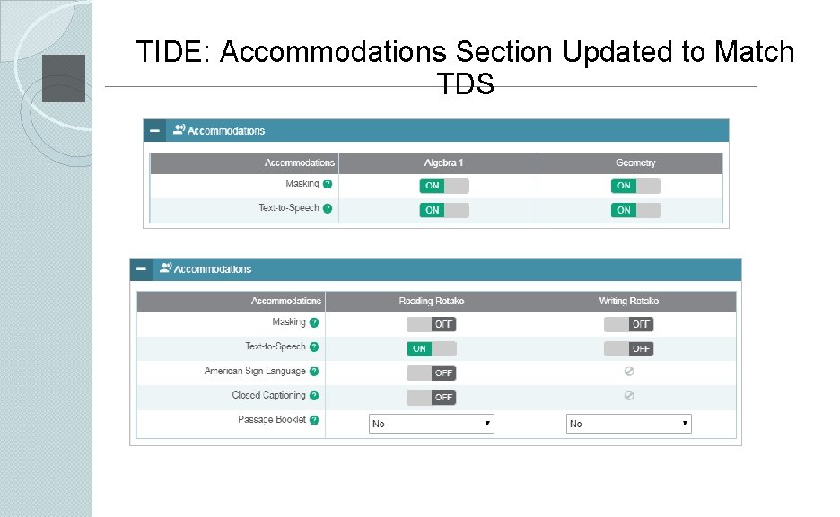 TIDE: Accommodations Section Updated to Match TDS 