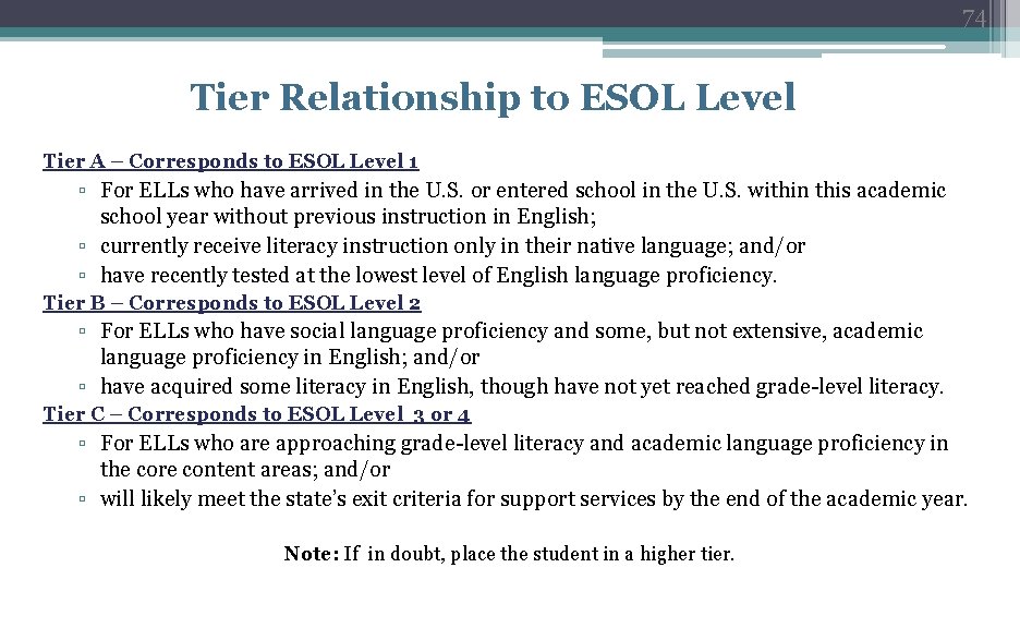 74 Tier Relationship to ESOL Level Tier A – Corresponds to ESOL Level 1