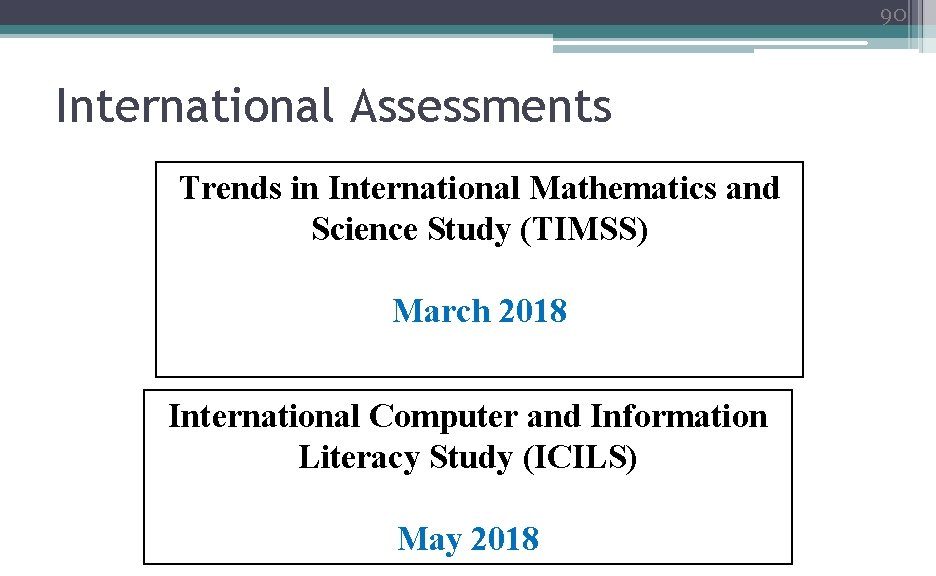 90 International Assessments Trends in International Mathematics and Science Study (TIMSS) March 2018 International