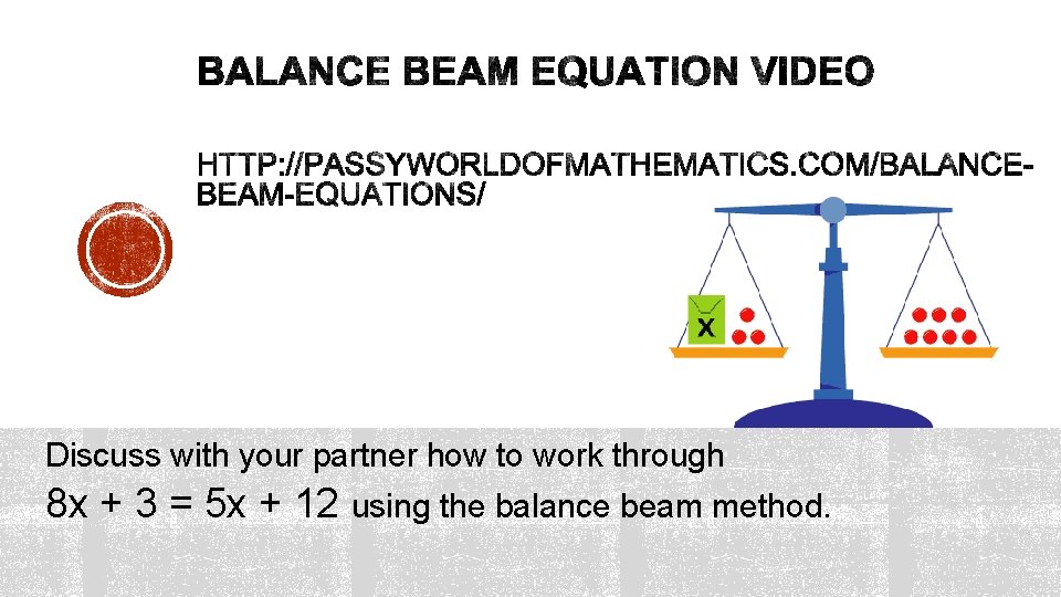 Discuss with your partner how to work through 8 x + 3 = 5