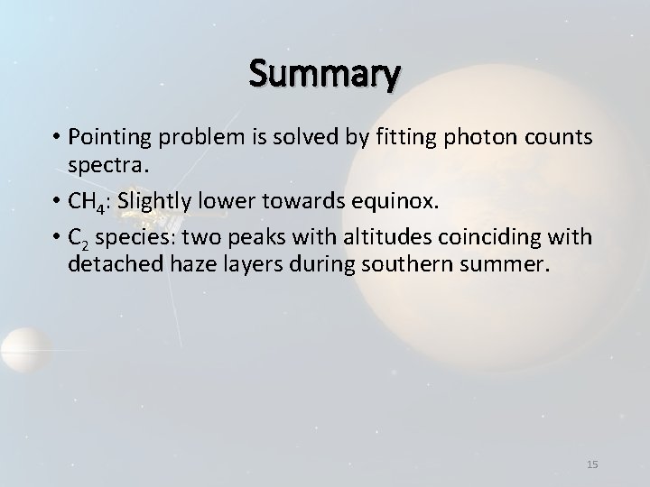 Summary • Pointing problem is solved by fitting photon counts spectra. • CH 4: