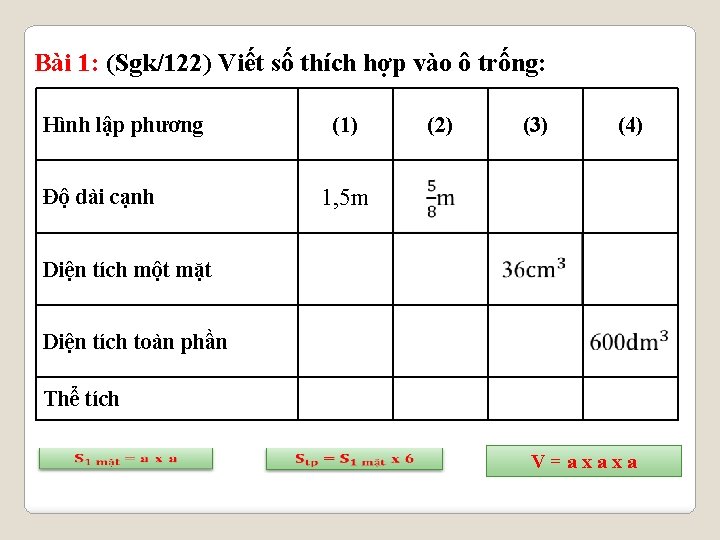 Bài 1: (Sgk/122) Viết số thích hợp vào ô trống: Hình lập phương Độ