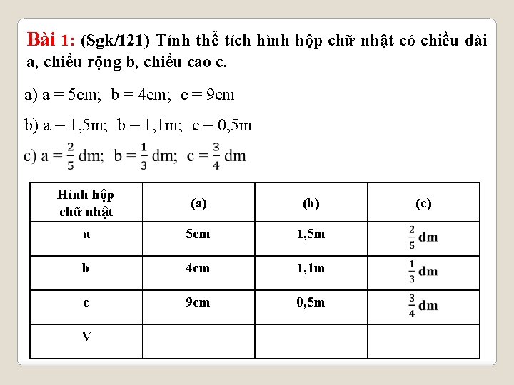 Bài 1: (Sgk/121) Tính thể tích hình hộp chữ nhật có chiều dài a,