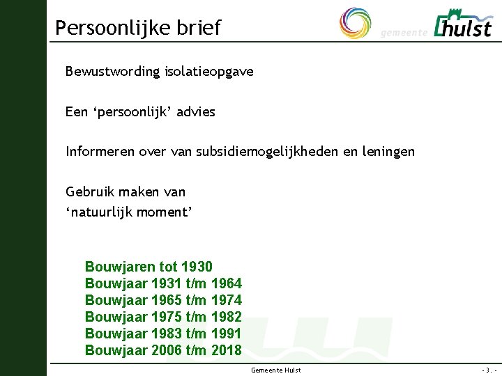 Persoonlijke brief Bewustwording isolatieopgave Een ‘persoonlijk’ advies Informeren over van subsidiemogelijkheden en leningen Gebruik