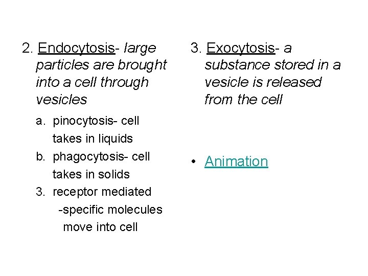 2. Endocytosis- large particles are brought into a cell through vesicles a. pinocytosis- cell
