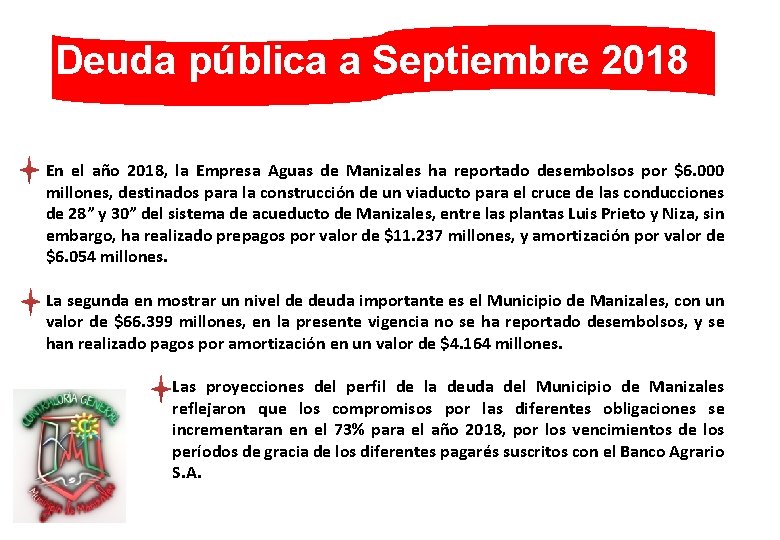 Deuda pública a Septiembre 2018 En el año 2018, la Empresa Aguas de Manizales