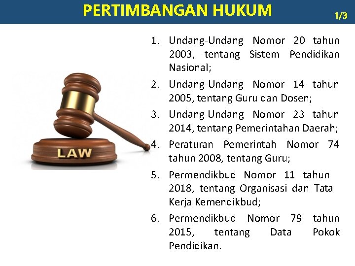 PERTIMBANGAN HUKUM 1/3 1. Undang-Undang Nomor 20 tahun 2003, tentang Sistem Pendidikan Nasional; 2.