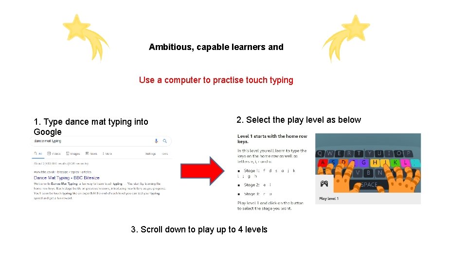 Ambitious, capable learners and Use a computer to practise touch typing 1. Type dance