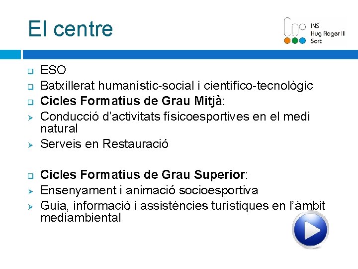 El centre q q q Ø Ø ESO Batxillerat humanístic-social i científico-tecnològic Cicles Formatius