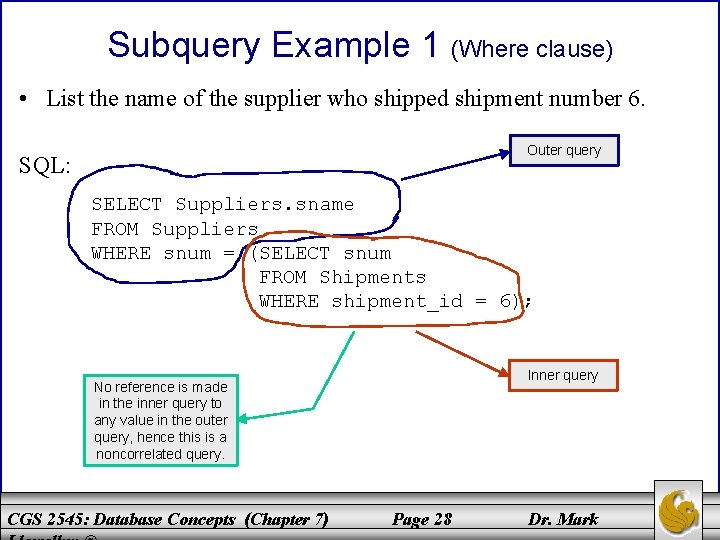 Subquery Example 1 (Where clause) • List the name of the supplier who shipped