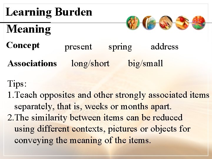 Learning Burden Meaning Concept Associations present spring long/short address big/small Tips: 1. Teach opposites