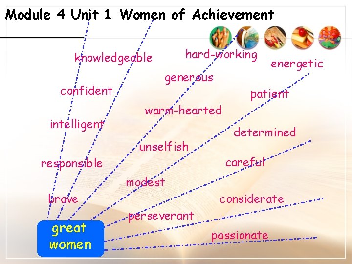 Module 4 Unit 1 Women of Achievement hard-working knowledgeable confident intelligent generous energetic patient