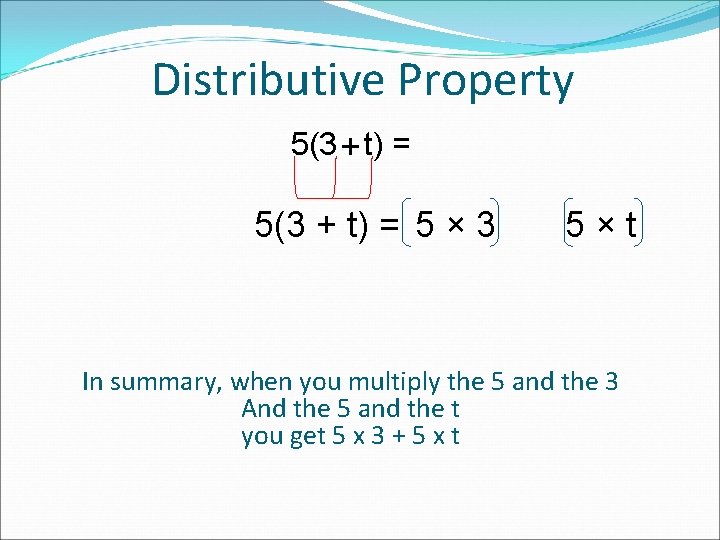 Distributive Property 5(3 + t) = 5 × 3 5×t In summary, when you