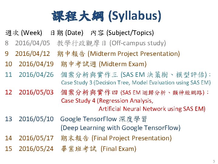 課程大綱 (Syllabus) 週次 (Week) 日期 (Date) 內容 (Subject/Topics) 8 2016/04/05 教學行政觀摩日 (Off-campus study) 9