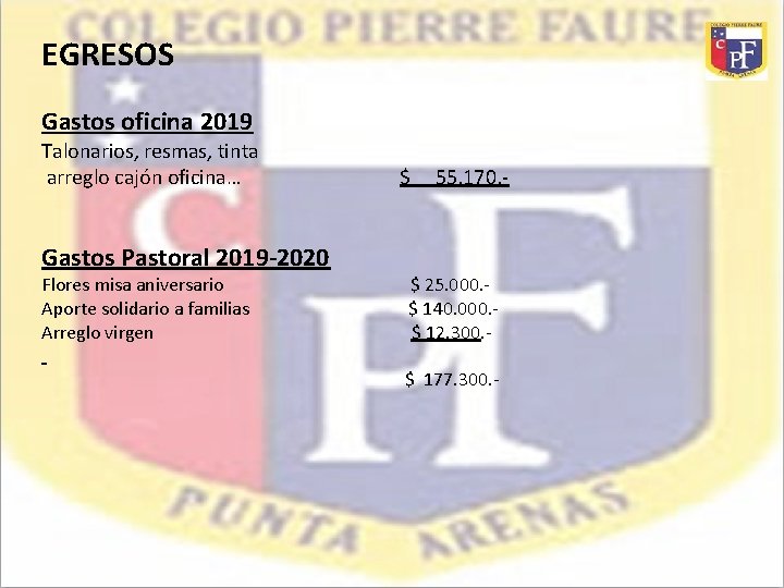EGRESOS Gastos oficina 2019 Talonarios, resmas, tinta arreglo cajón oficina… Gastos Pastoral 2019 -2020