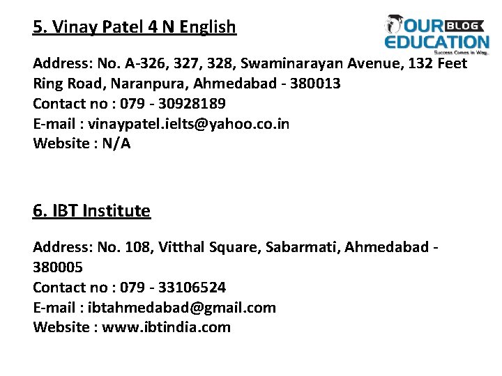 5. Vinay Patel 4 N English Address: No. A-326, 327, 328, Swaminarayan Avenue, 132
