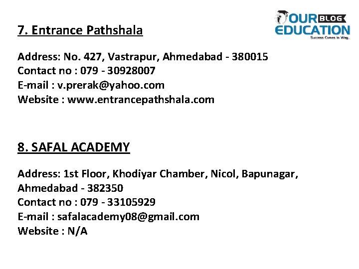 7. Entrance Pathshala Address: No. 427, Vastrapur, Ahmedabad - 380015 Contact no : 079