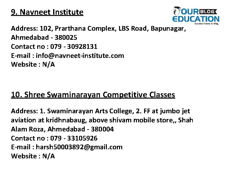 9. Navneet Institute Address: 102, Prarthana Complex, LBS Road, Bapunagar, Ahmedabad - 380025 Contact