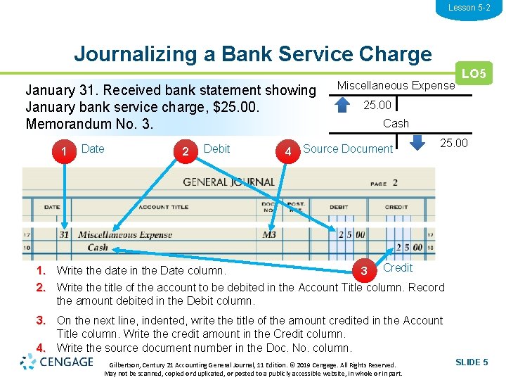 Lesson 5 -2 Journalizing a Bank Service Charge January 31. Received bank statement showing