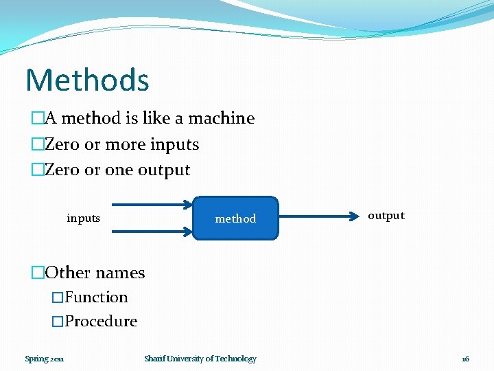 Methods �A method is like a machine �Zero or more inputs �Zero or one