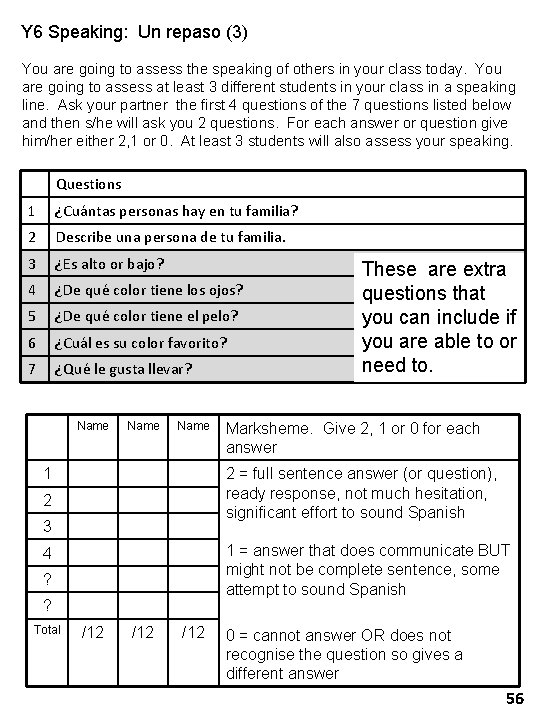 Y 6 Speaking: Un repaso (3) You are going to assess the speaking of