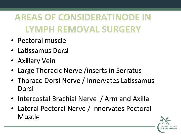 AREAS OF CONSIDERATINODE IN LYMPH REMOVAL SURGERY Pectoral muscle Latissamus Dorsi Axillary Vein Large